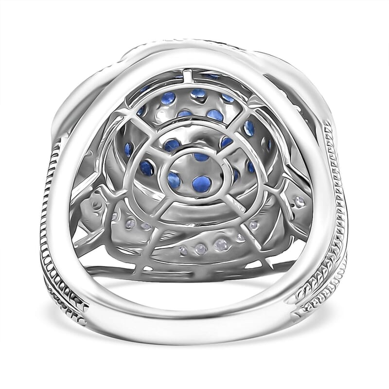 D'Joy Madagascar Blue Sapphire and White Zircon 3.25 ctw Radiant Galaxy Ring in Rhodium Over Sterling Silver (Size 10.0)