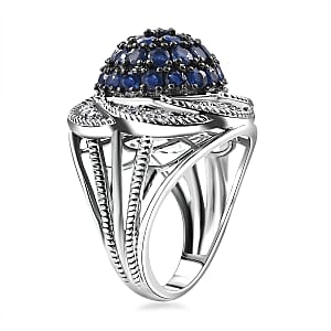 D'Joy Madagascar Blue Sapphire and White Zircon 3.25 ctw Radiant Galaxy Ring in Rhodium Over Sterling Silver (Size 7.0)