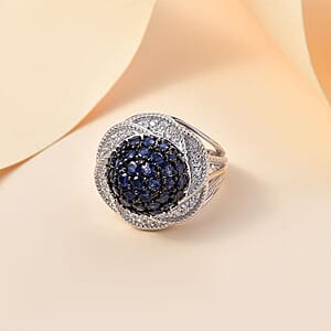 D'Joy Madagascar Blue Sapphire and White Zircon 3.25 ctw Radiant Galaxy Ring in Rhodium Over Sterling Silver (Size 8.0)