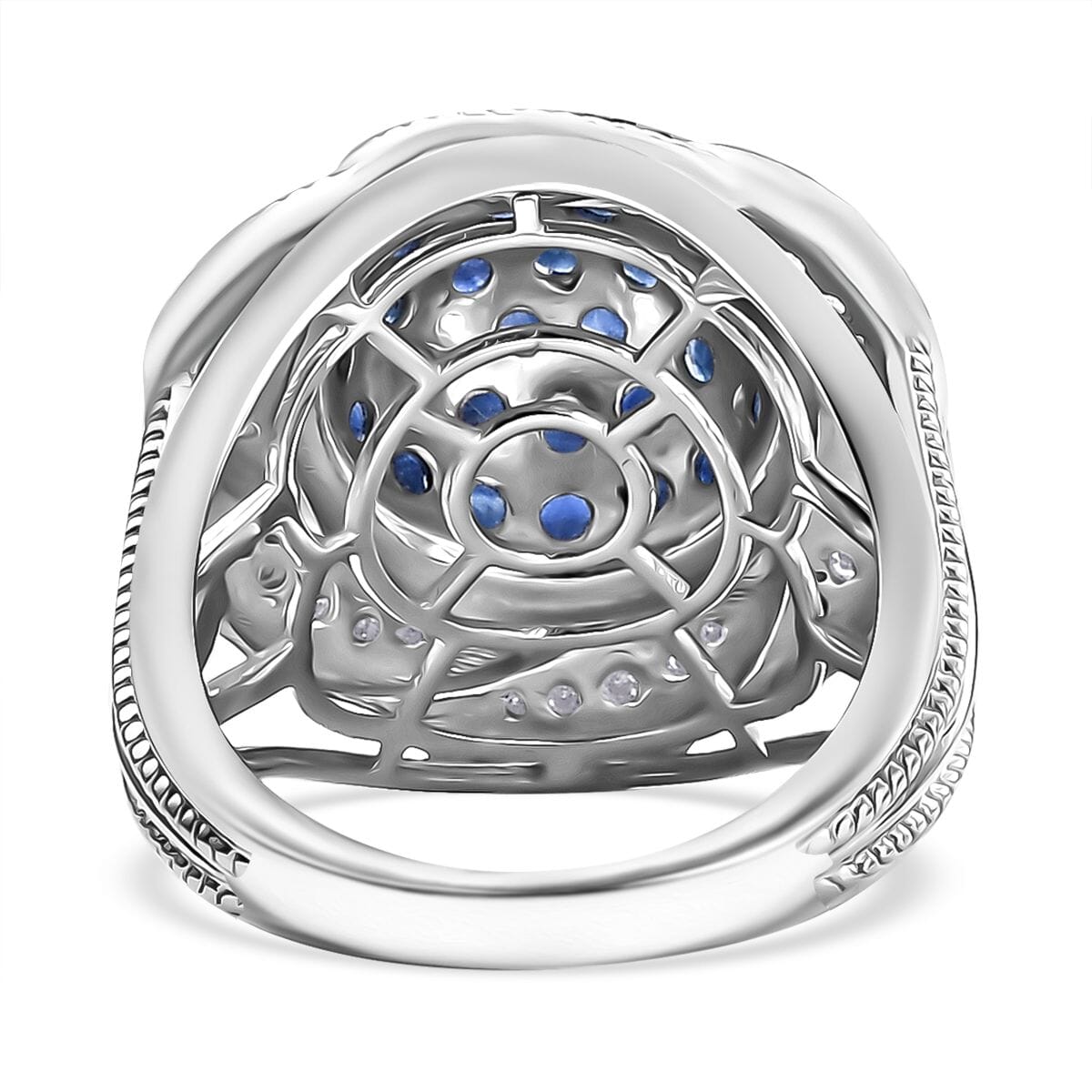 Madagascar Blue Sapphire and White Zircon 3.25 ctw Radiant Galaxy Ring in Rhodium Over Sterling Silver (Size 9.0) image number 4