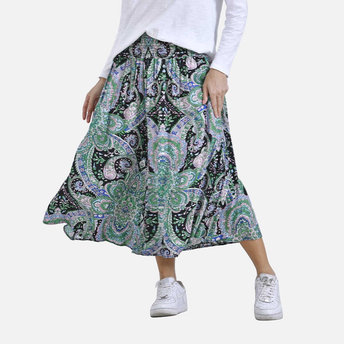 Green Paisley Wide Leg Culotte Smocked Stretch Pant with Pockets- One Size Fits Most image number 0