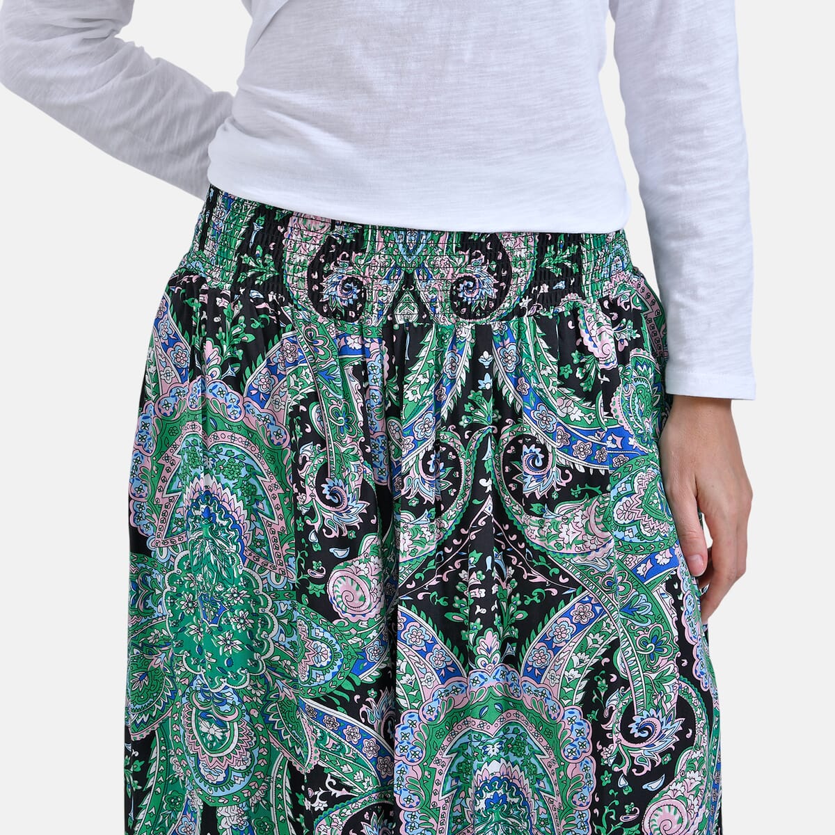 Green Paisley Wide Leg Culotte Smocked Stretch Pant with Pockets- One Size Fits Most image number 3