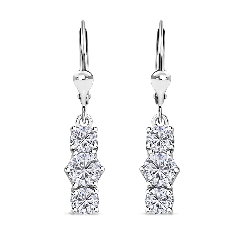 D'Joy Moissanite 1.75 ctw Lever Back Earrings in Rhodium Over Sterling Silver