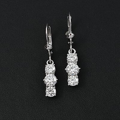 D'Joy Moissanite 1.75 ctw Lever Back Earrings in Rhodium Over Sterling Silver