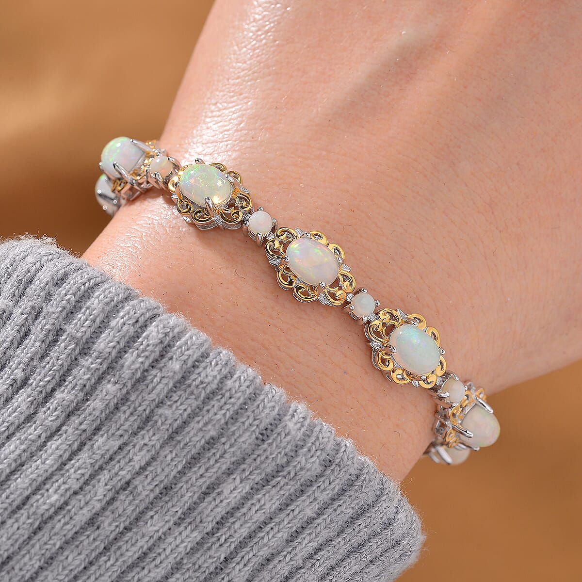 Ethiopian Welo Opal 7.00 ctw Bracelet in 18K Vermeil Yellow Gold and Rhodium Over Sterling Silver (6.50 In) image number 1