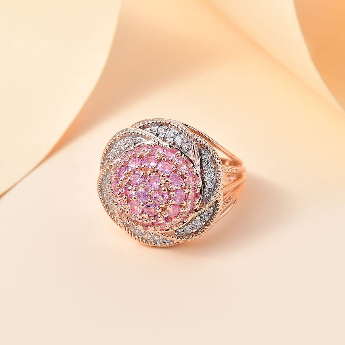 Madagascar Pink Sapphire and White Zircon 3.10 ctw Radiant Galaxy Ring in 18K Vermeil RG Over Sterling Silver (Size 10.0) image number 1