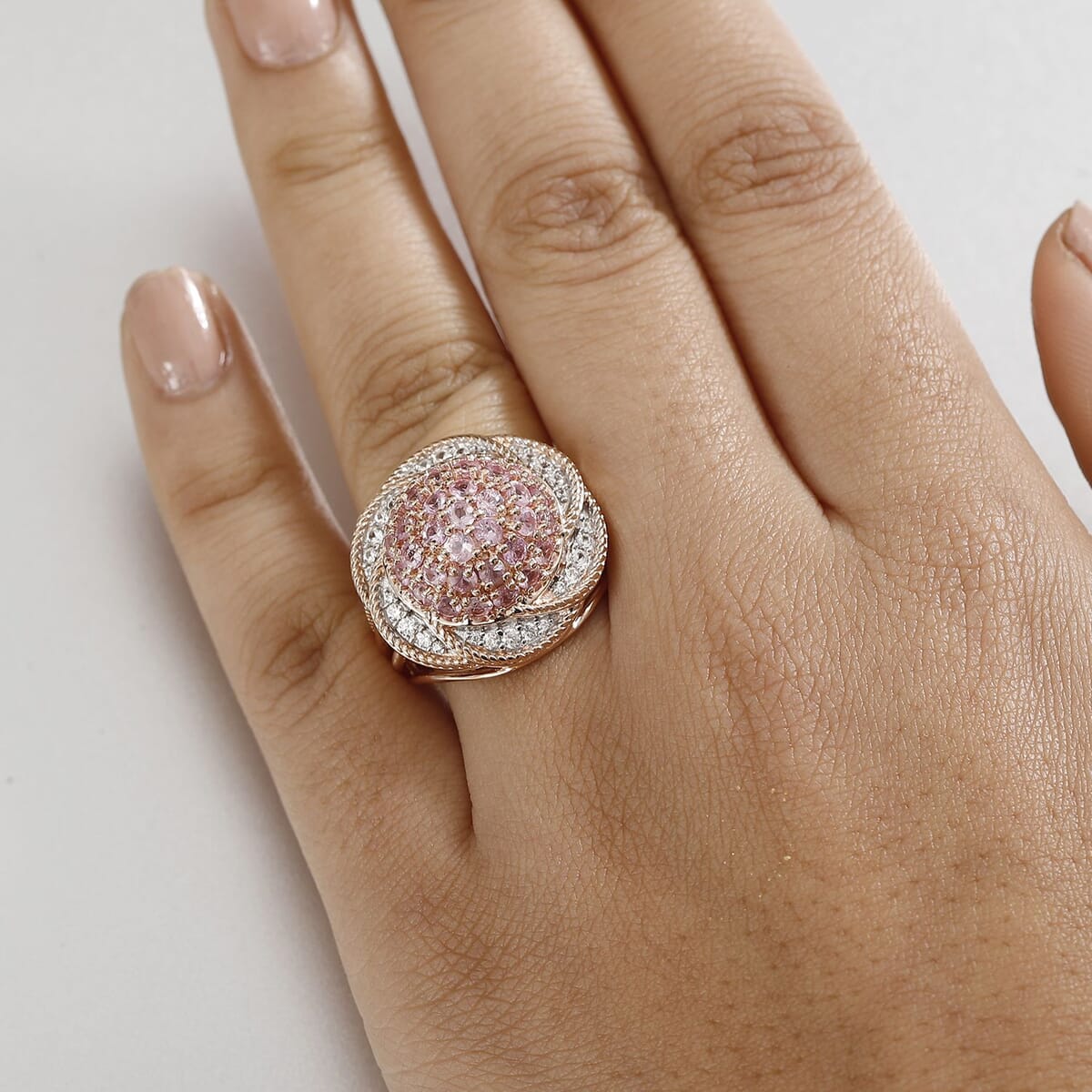 Madagascar Pink Sapphire and White Zircon 3.10 ctw Radiant Galaxy Ring in 18K Vermeil RG Over Sterling Silver (Size 10.0) image number 2
