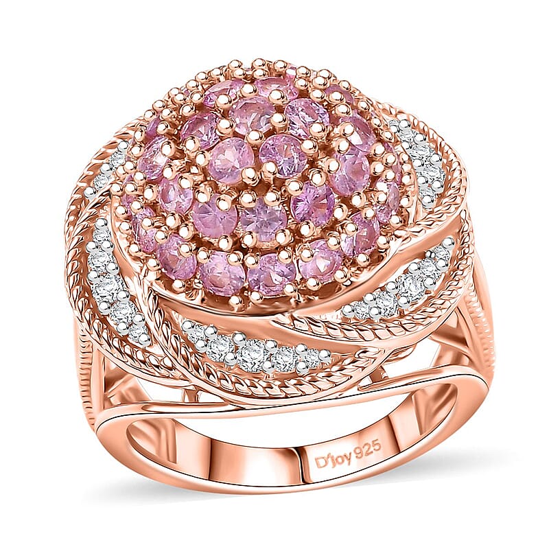 D'Joy Madagascar Pink Sapphire and White Zircon 3.10 ctw Radiant Galaxy Ring in 18K Vermeil RG Over Sterling Silver (Size 7.0)