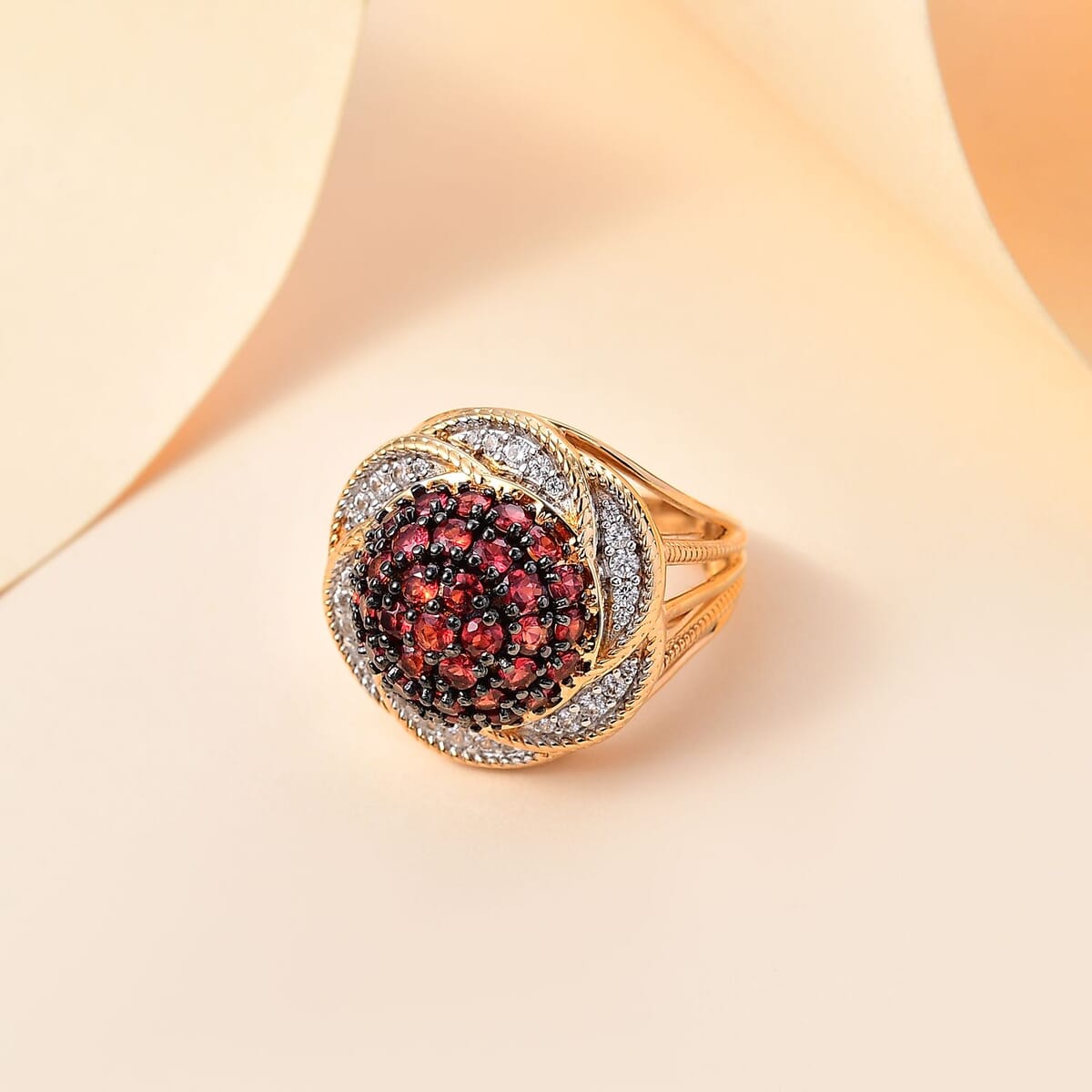 Madagascar Red Sapphire and White Zircon 3.10 ctw Radiant Galaxy Ring in 18K Vermeil YG Over Sterling Silver (Size 10.0) image number 1