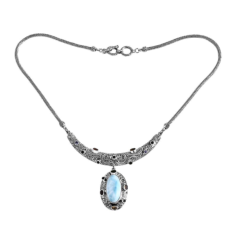 Bali Legacy Larimar and Multi Gemstone 21.90 ctw Moonlit Majesty Tulang Naga Necklace Sterling Silver 20 Inches