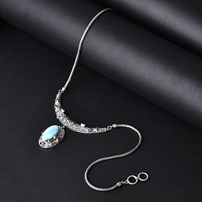 Bali Legacy Larimar and Multi Gemstone 21.90 ctw Moonlit Majesty Tulang Naga Necklace Sterling Silver 20 Inches