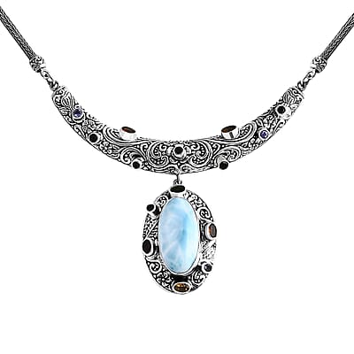Bali Legacy Larimar and Multi Gemstone 21.90 ctw Moonlit Majesty Tulang Naga Necklace Sterling Silver 20 Inches