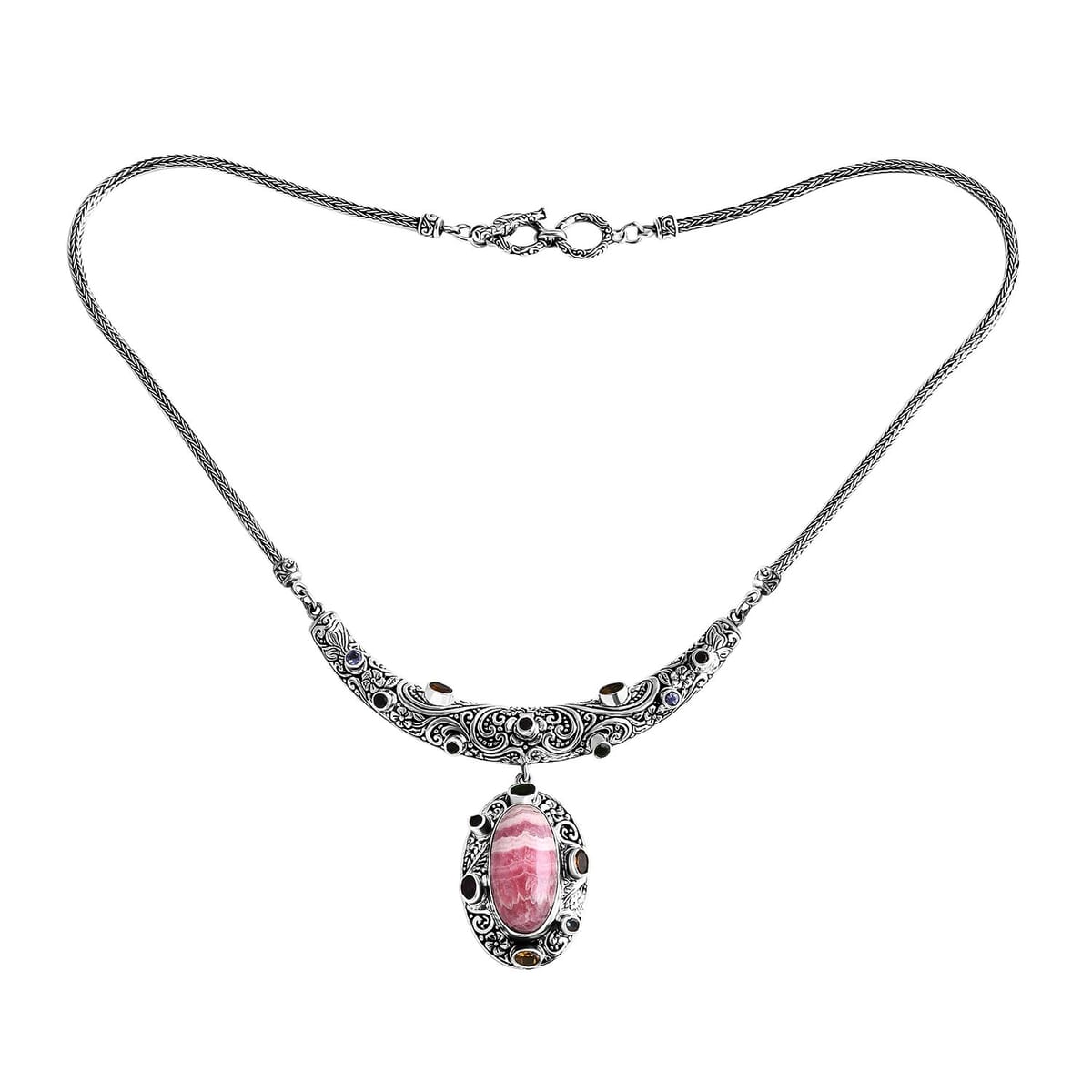 Bali Legacy Argentinian Rhodochrosite and Multi Gemstone 29.70 ctw Moonlit Majesty Tulang Naga Necklace Sterling Silver 20 Inches image number 0