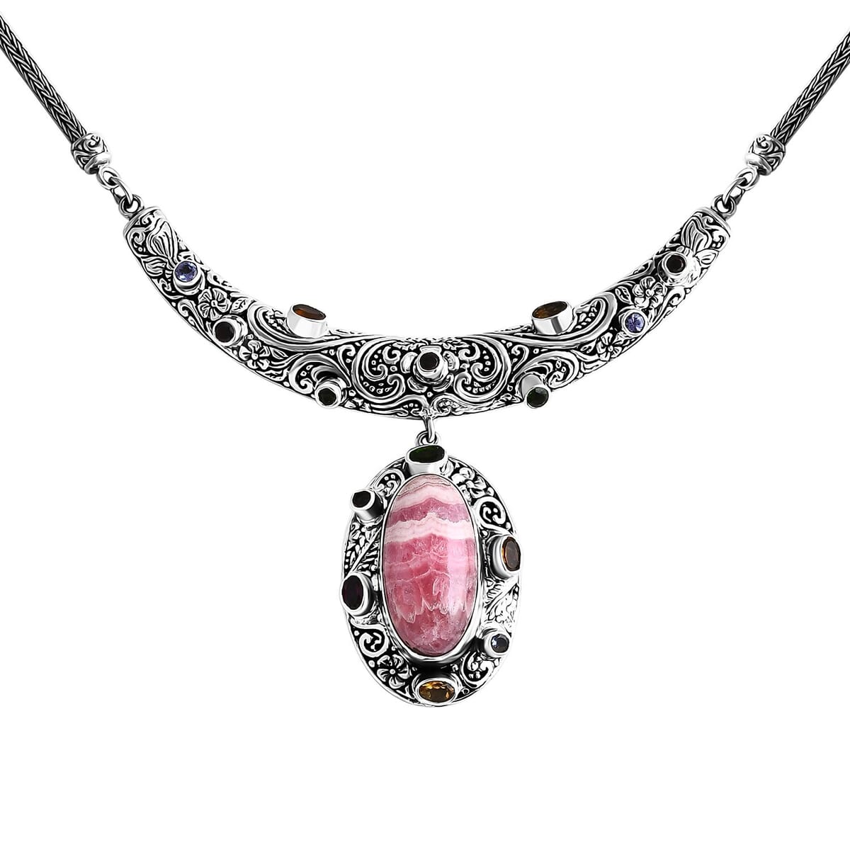 Bali Legacy Argentinian Rhodochrosite and Multi Gemstone 29.70 ctw Moonlit Majesty Tulang Naga Necklace Sterling Silver 20 Inches image number 3