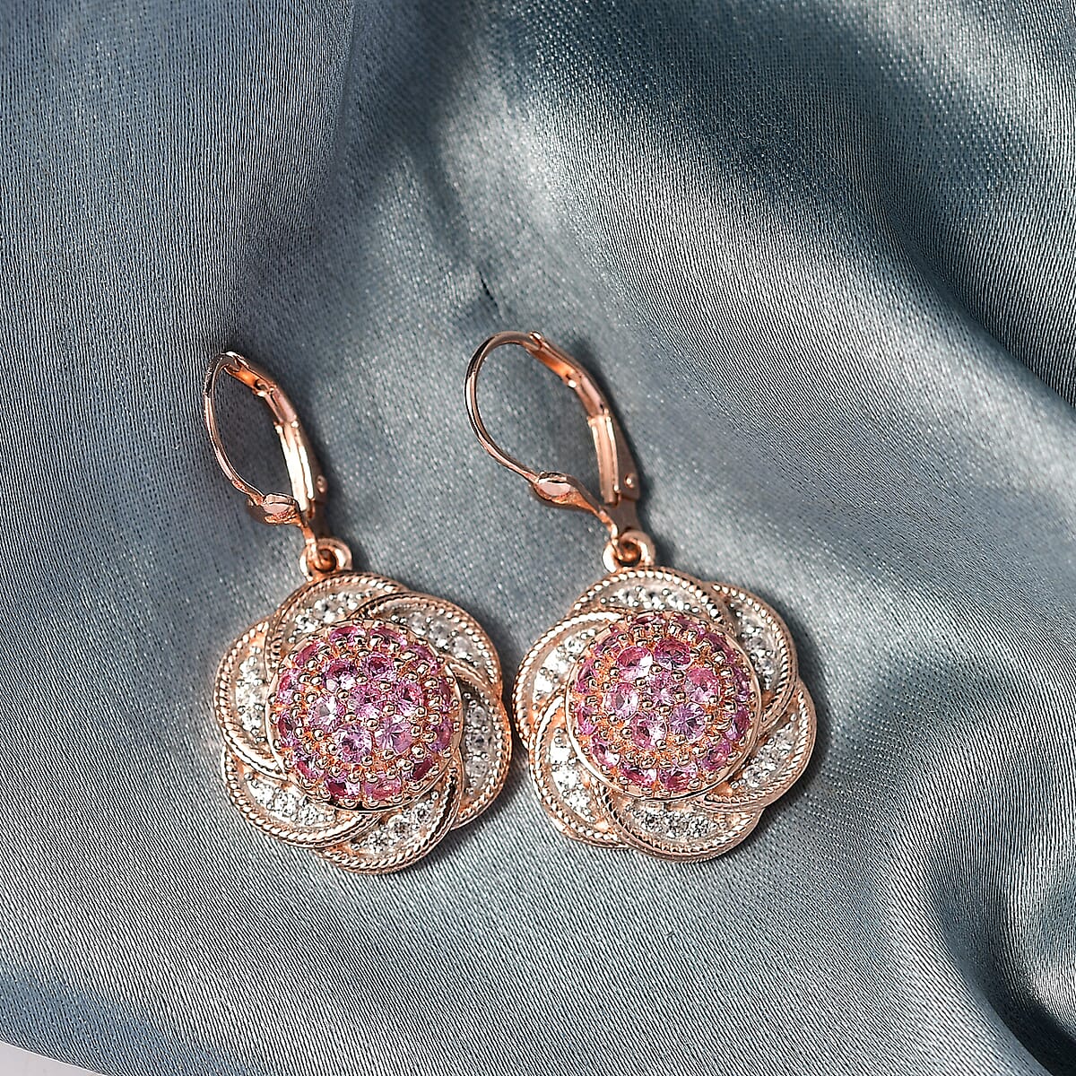 D'Joy Madagascar Pink Sapphire and White Zircon 2.50 ctw Radiant Galaxy Earrings in 18K Vermeil Rose Gold Over Sterling Silver image number 1