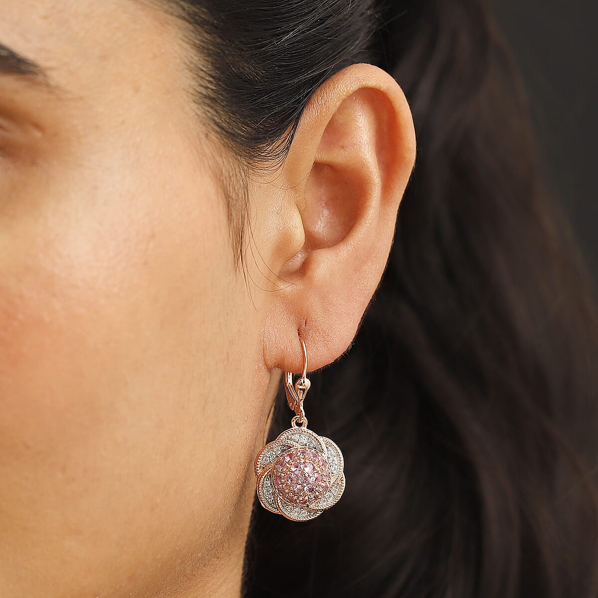 D'Joy Madagascar Pink Sapphire and White Zircon 2.50 ctw Radiant Galaxy Earrings in 18K Vermeil Rose Gold Over Sterling Silver image number 2