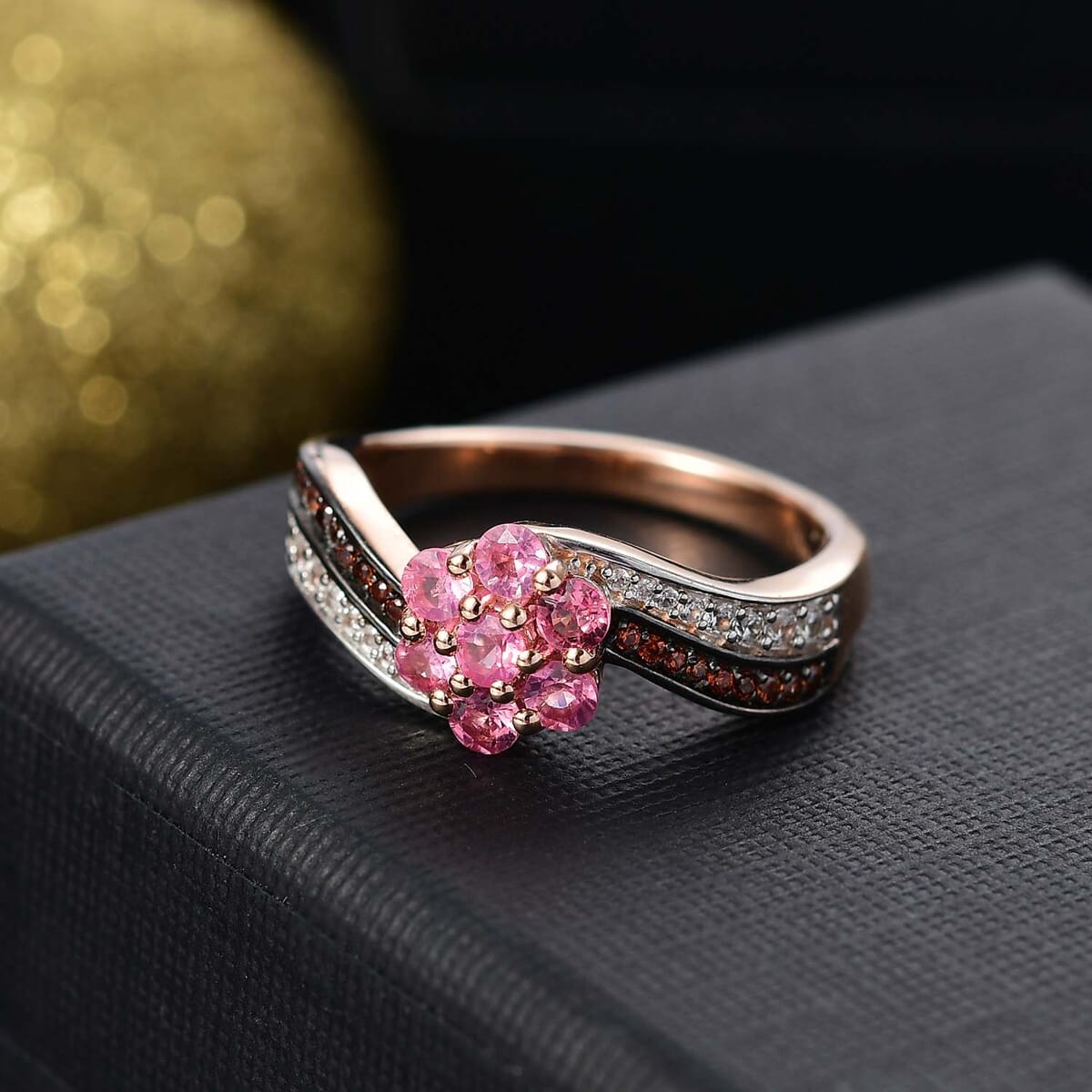 Mahenge Spinel, Brown and White Zircon 1.00 ctw Twist Floral Ring in 18K Vermeil Rose Gold Over Sterling Silver (Size 9.0) image number 1
