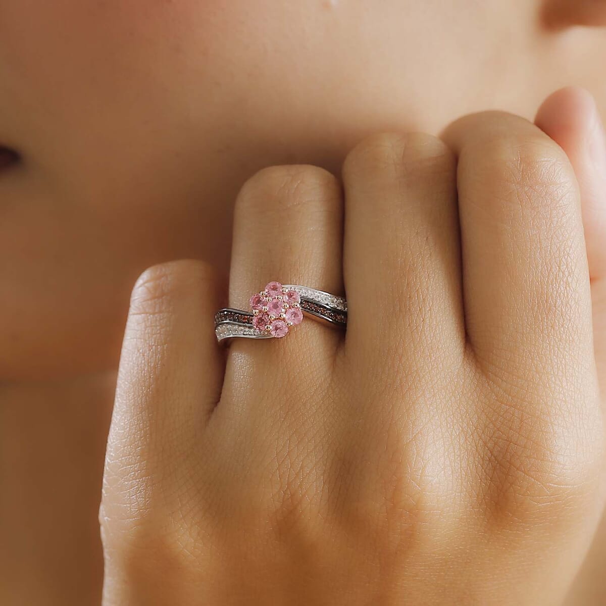 Mahenge Spinel, Brown and White Zircon 1.00 ctw Twist Floral Ring in 18K Vermeil Rose Gold Over Sterling Silver (Size 9.0) image number 2