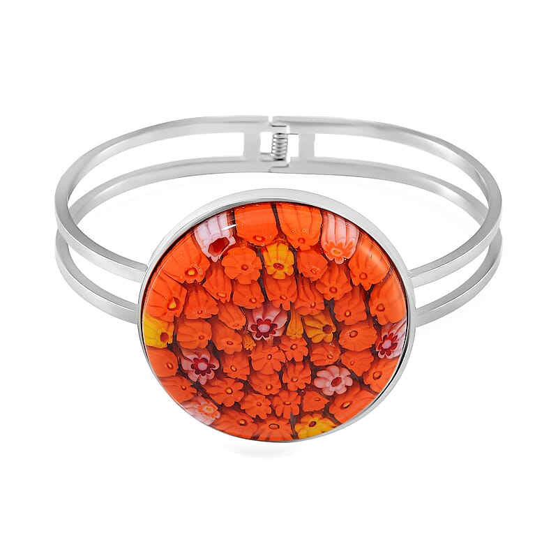 Orange Murano Style Bangle Bracelet in Stainless Steel (7.5 In)