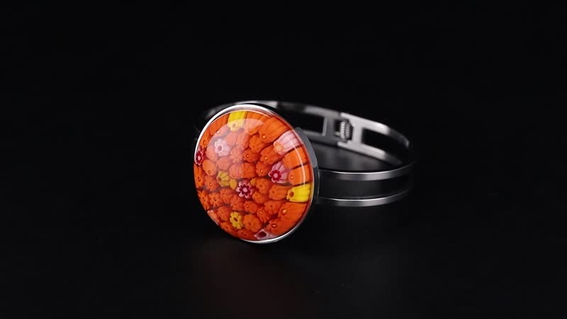 Orange Murano Style Bangle Bracelet in Stainless Steel (7.5 In)