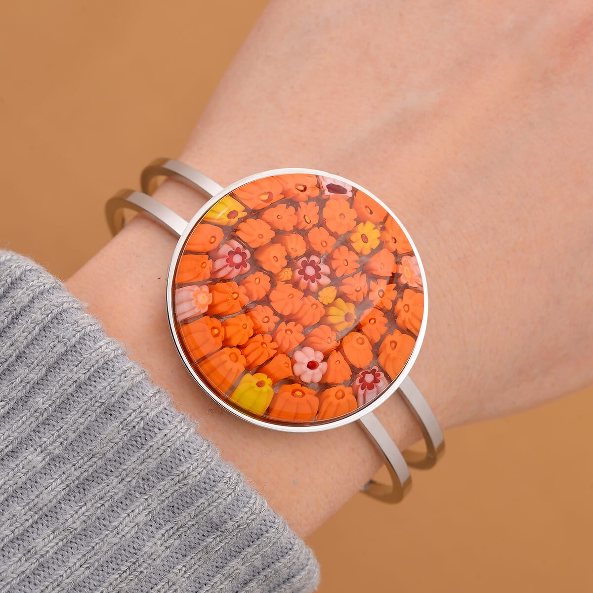 Orange Murano Style Bangle Bracelet in Stainless Steel (7.5 Inches) image number 1