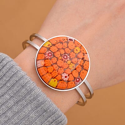 Orange Murano Style Bangle Bracelet in Stainless Steel (7.5 In)