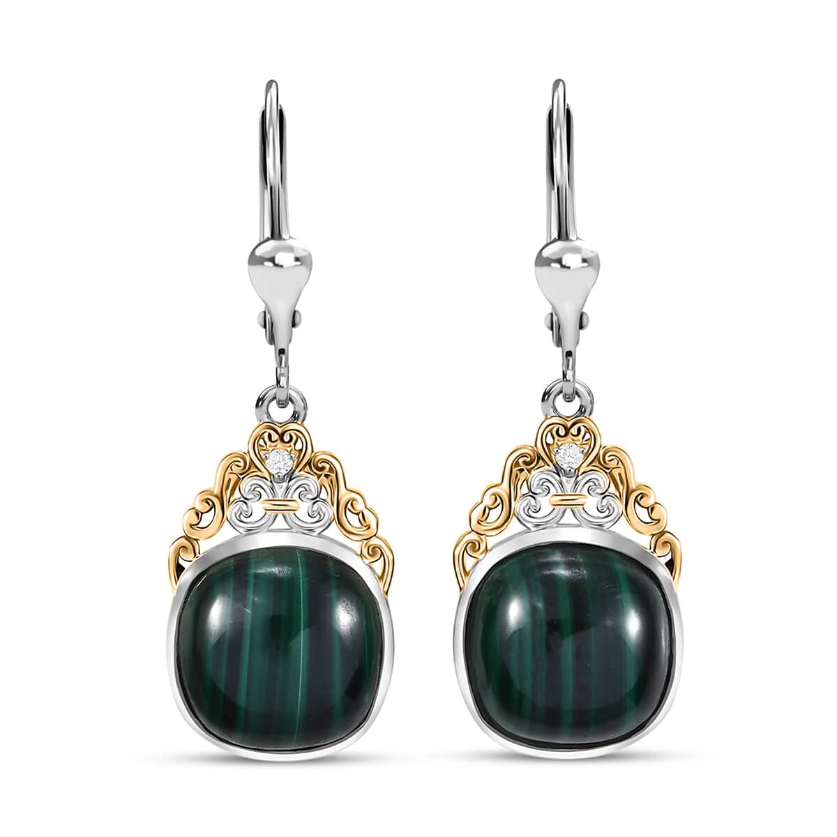 African Malachite and White Zircon 17.50 ctw Verdant Crown Earrings in 18K Vermeil YG and Rhodium Over Sterling Silver image number 0