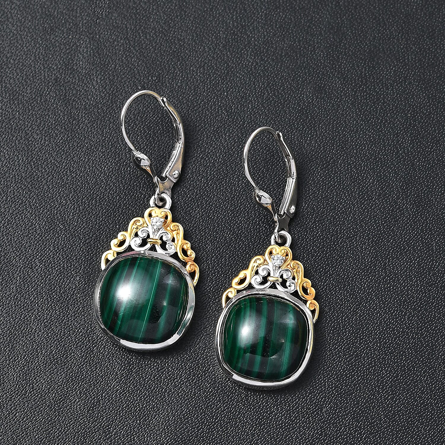 D'Joy African Malachite and White Zircon 17.50 ctw Verdant Crown Earrings in 18K Vermeil YG and Rhodium Over Sterling Silver