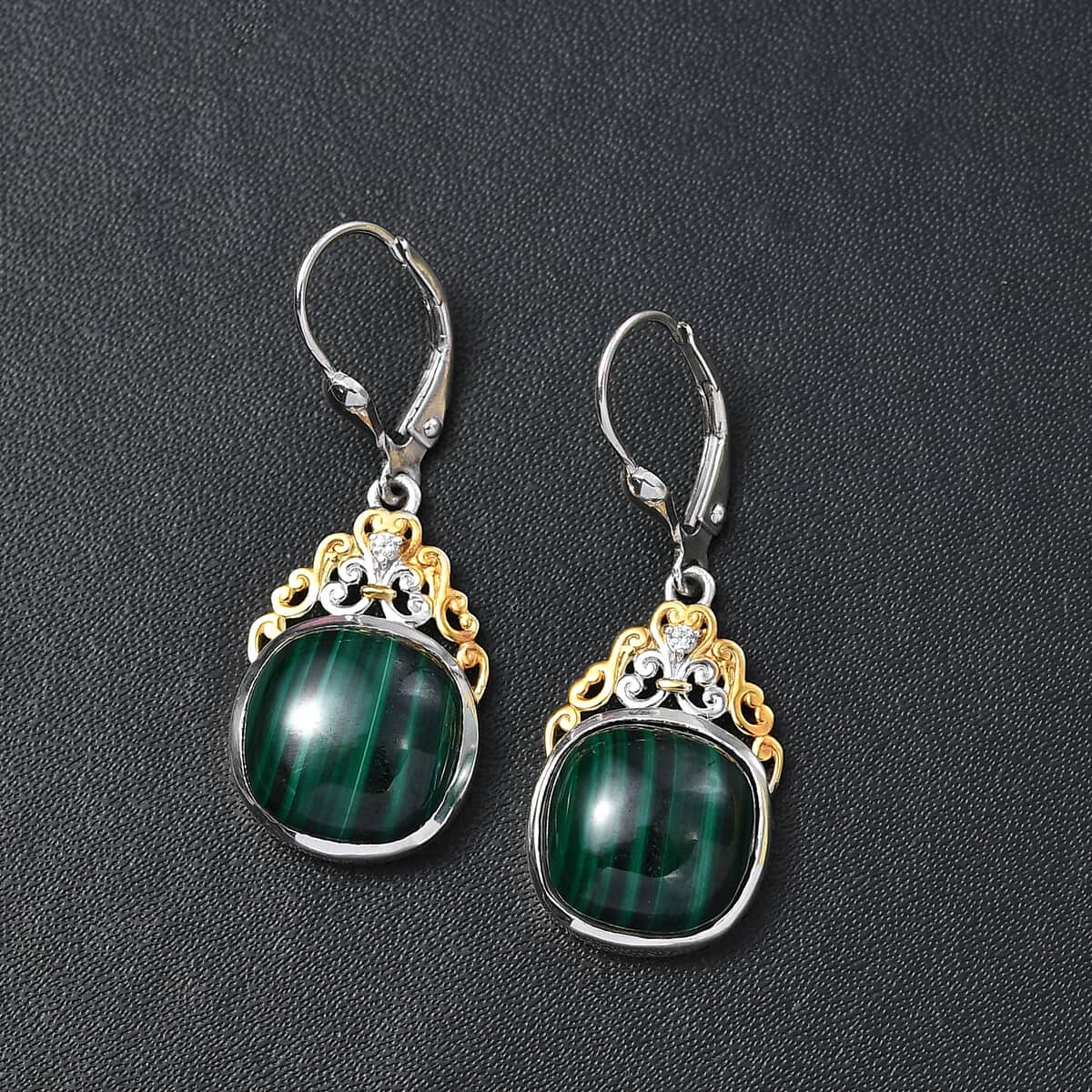 African Malachite and White Zircon 17.50 ctw Verdant Crown Earrings in 18K Vermeil YG and Rhodium Over Sterling Silver image number 1