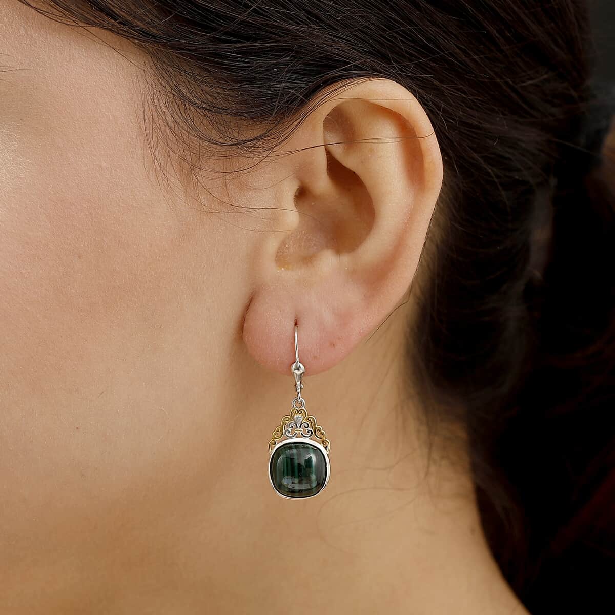 African Malachite and White Zircon 17.50 ctw Verdant Crown Earrings in 18K Vermeil YG and Rhodium Over Sterling Silver image number 2