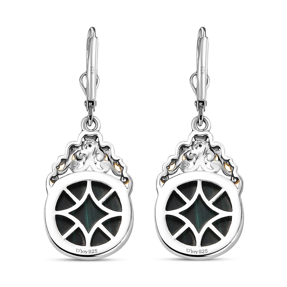 D'Joy African Malachite and White Zircon 17.50 ctw Verdant Crown Earrings in 18K Vermeil YG and Rhodium Over Sterling Silver