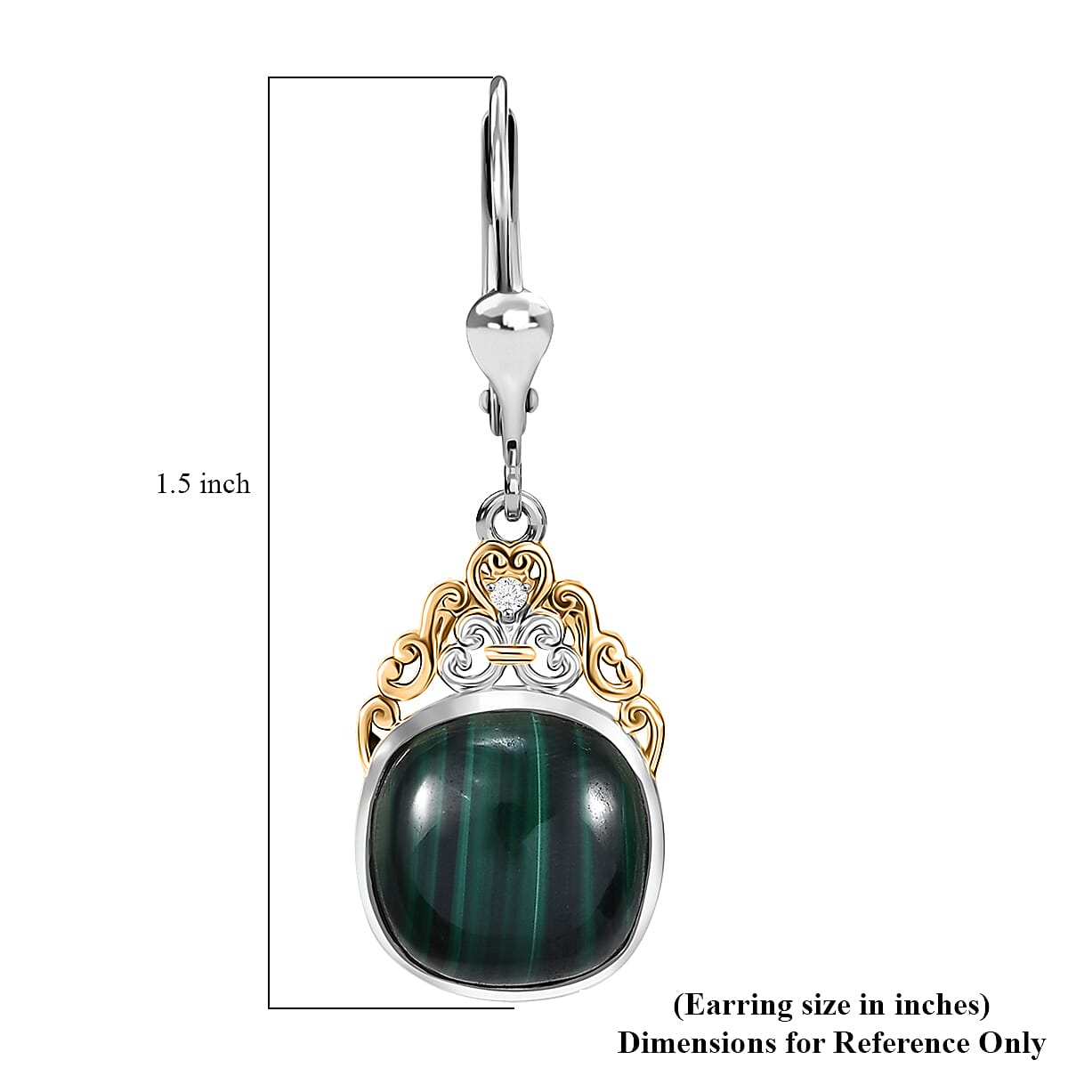 D'Joy African Malachite and White Zircon 17.50 ctw Verdant Crown Earrings in 18K Vermeil YG and Rhodium Over Sterling Silver