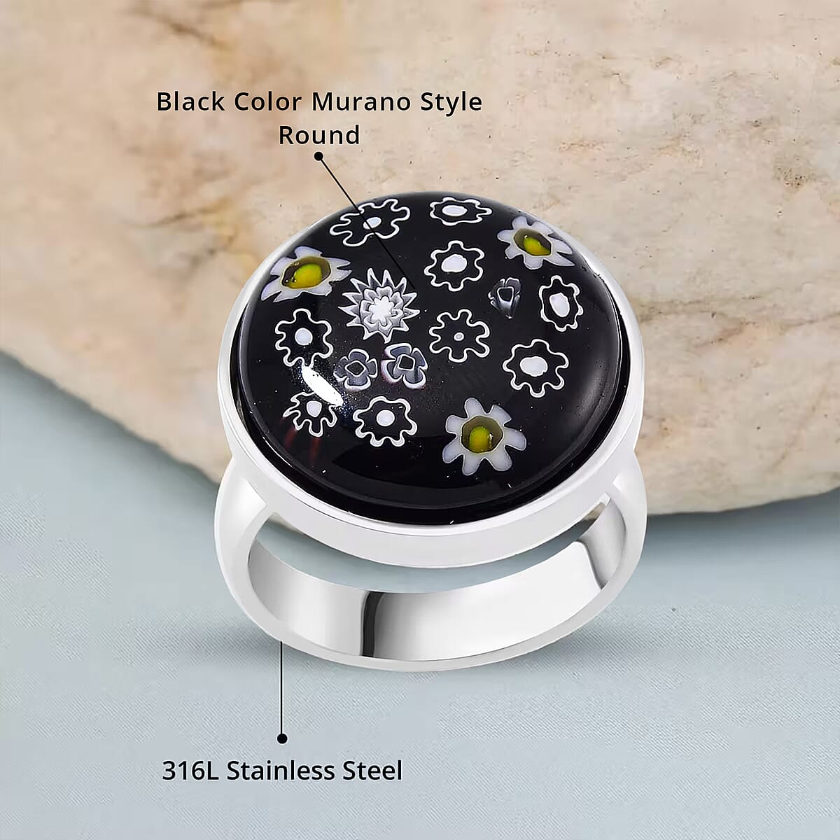 Black Murano Style Ring in Stainless Steel (Size 7.0) image number 4