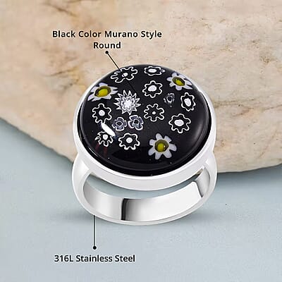 Black Murano Style Ring in Stainless Steel (Size 8.0)
