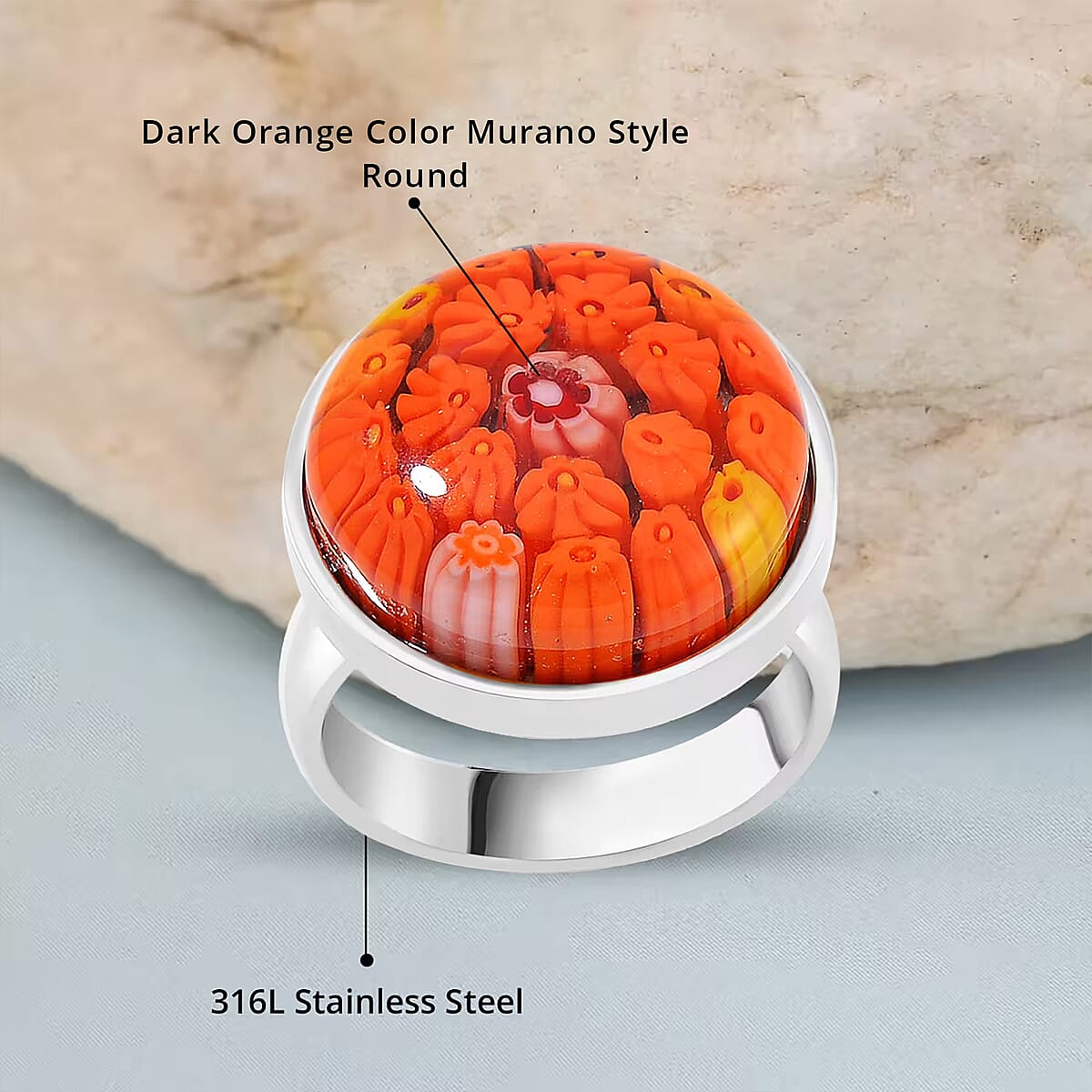 Dark Orange Murano Style Ring in Stainless Steel (Size 10.0) image number 4