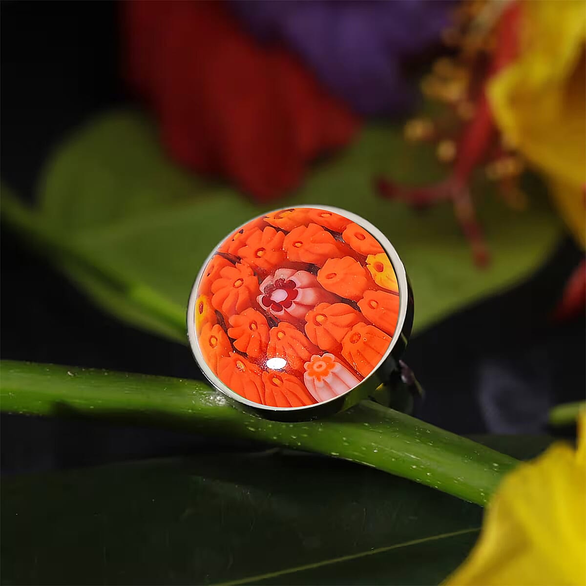Dark Orange Murano Style Ring in Stainless Steel (Size 7.0) image number 1