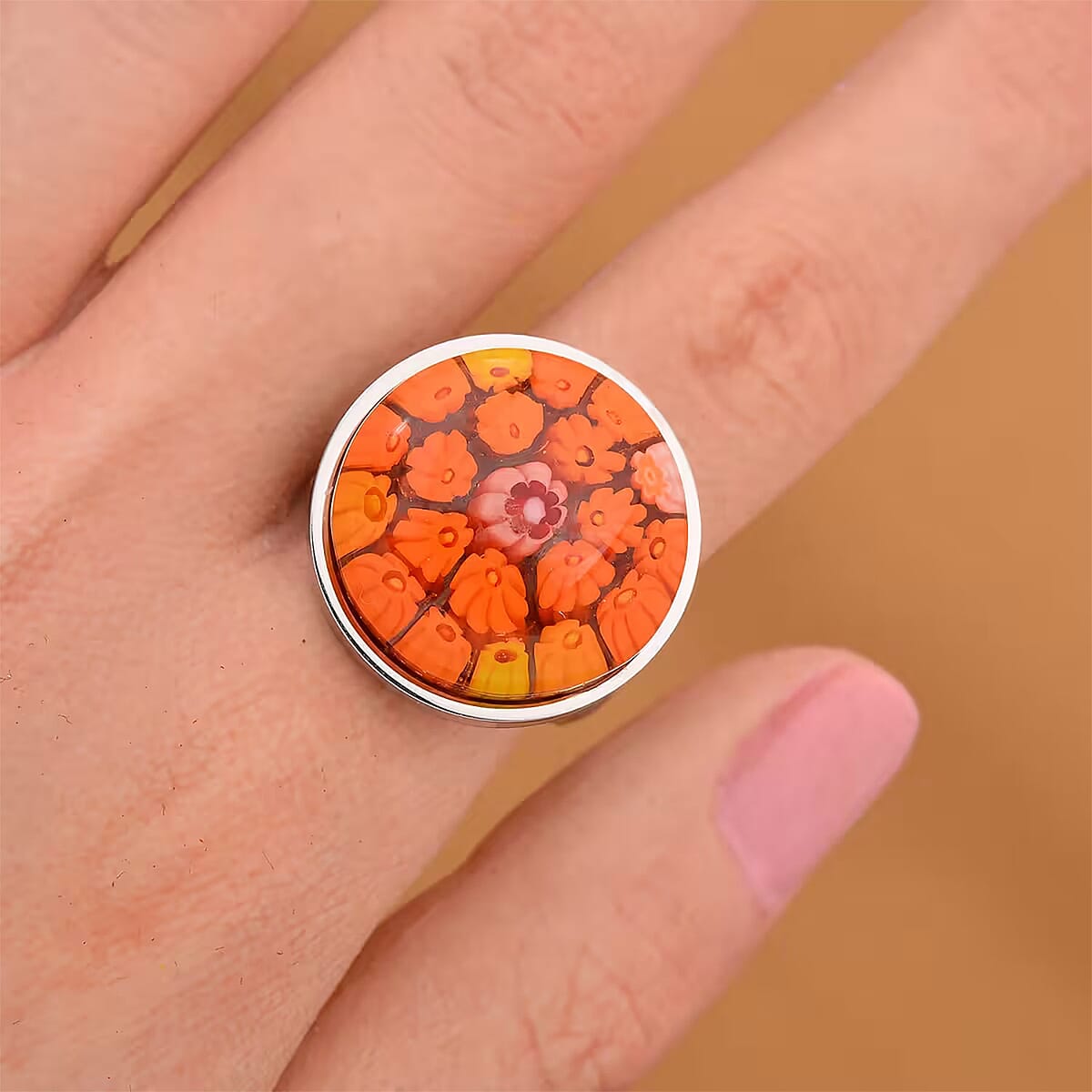 Dark Orange Murano Style Ring in Stainless Steel (Size 7.0) image number 7