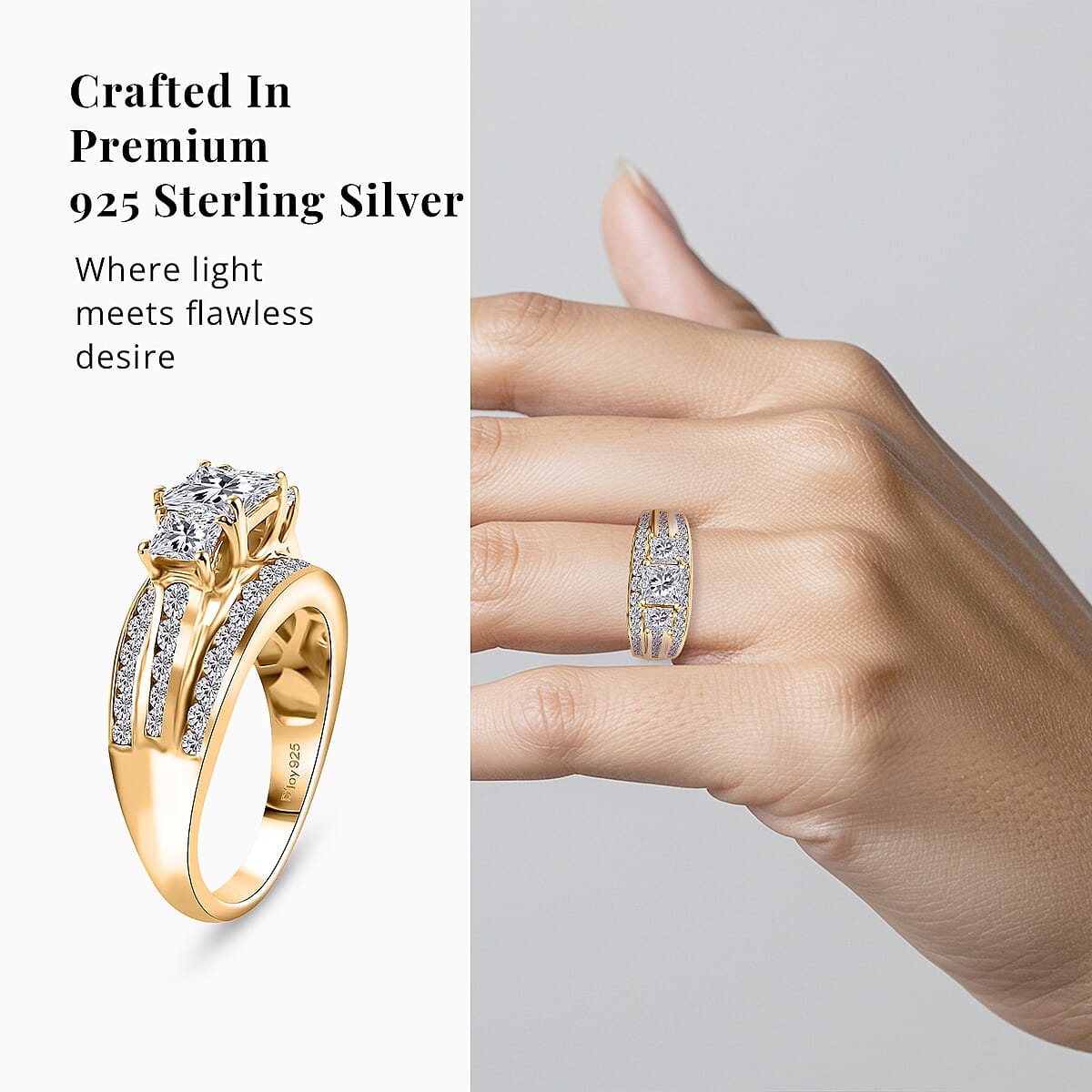 D'Joy Moissanite 2.00 ctw Trinity Ring in 18K Vermeil Yellow Gold Over Sterling Silver (Size 9.0) image number 4