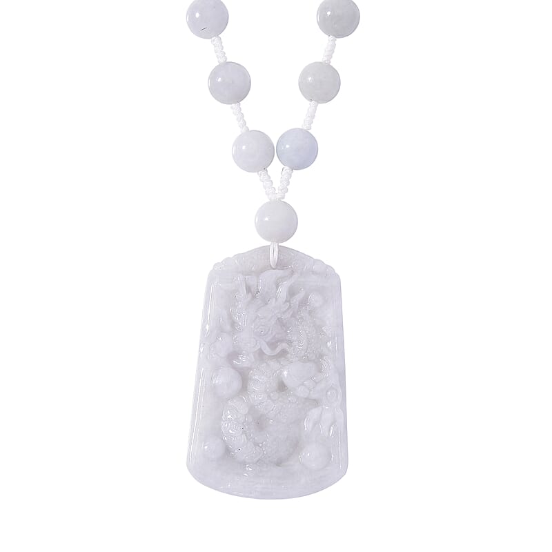 Natural Jade 290.00 ctw Carved Dragon and Knotted Double Sided Necklace in Rhodium Over Sterling Silver 20 Inches