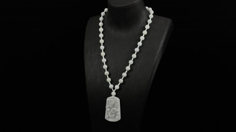 White Jade Carved Dragon Knnoted Necklace (20 Inches) in Rhodium Over Sterling Silver 290.00 ctw