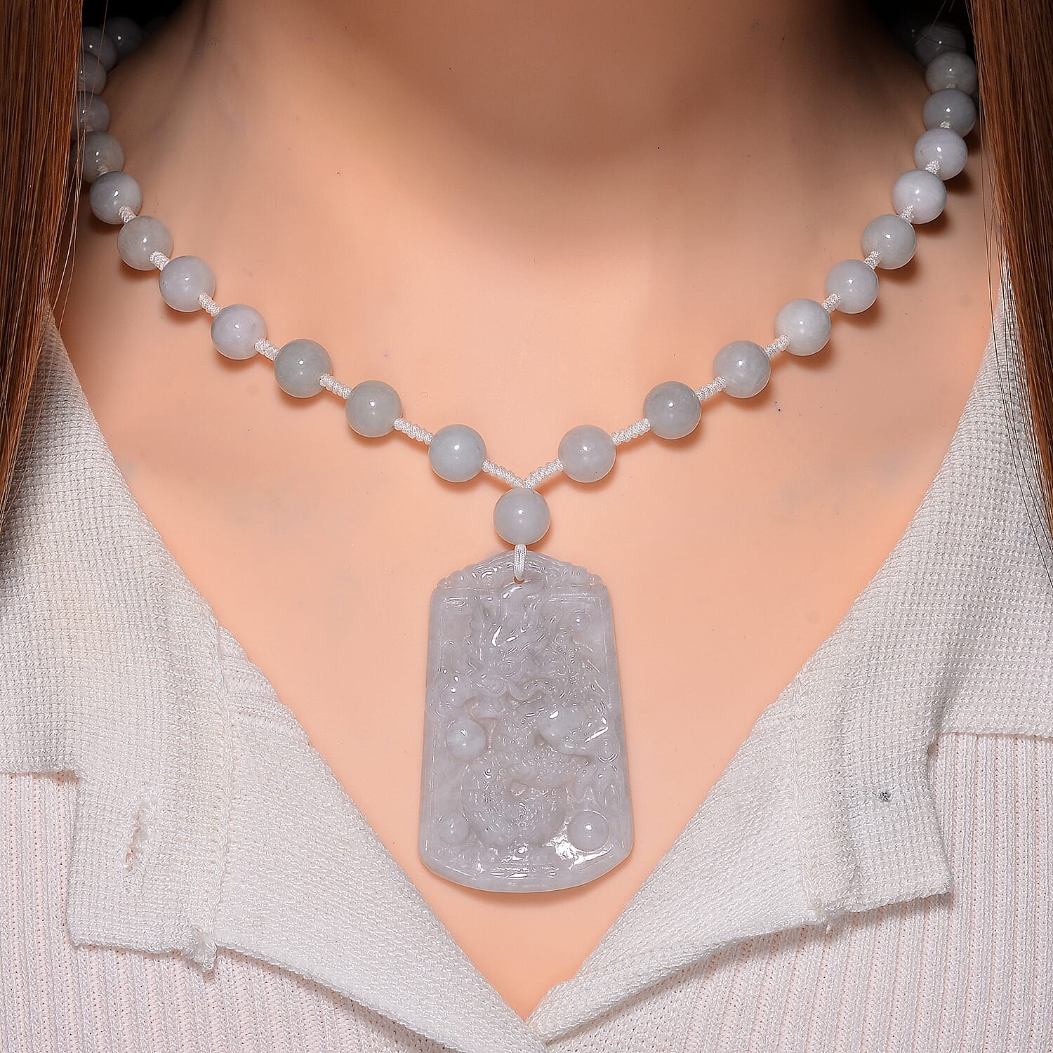 Natural Jade 290.00 ctw Carved Dragon and Knotted Double Sided Necklace in Rhodium Over Sterling Silver 20 Inches