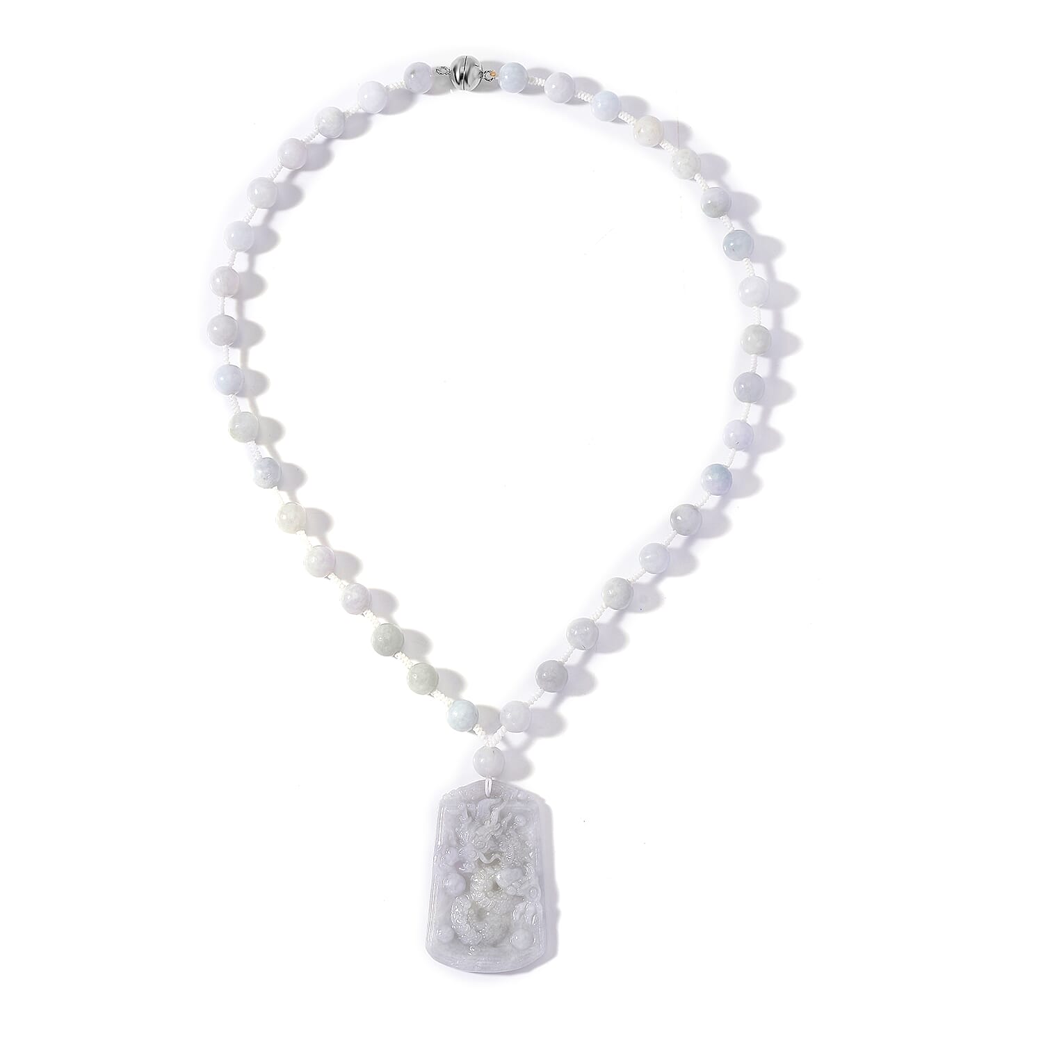 Natural Jade 290.00 ctw Carved Dragon and Knotted Double Sided Necklace in Rhodium Over Sterling Silver 20 Inches