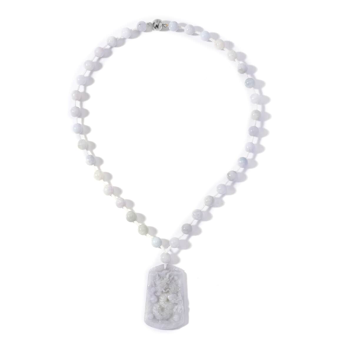 White Jade Carved Dragon Knnoted Necklace (20 Inches) in Rhodium Over Sterling Silver 290.00 ctw image number 2