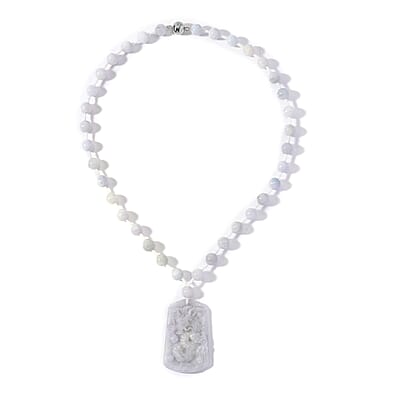 Natural Jade 290.00 ctw Carved Dragon and Knotted Double Sided Necklace in Rhodium Over Sterling Silver 20 Inches