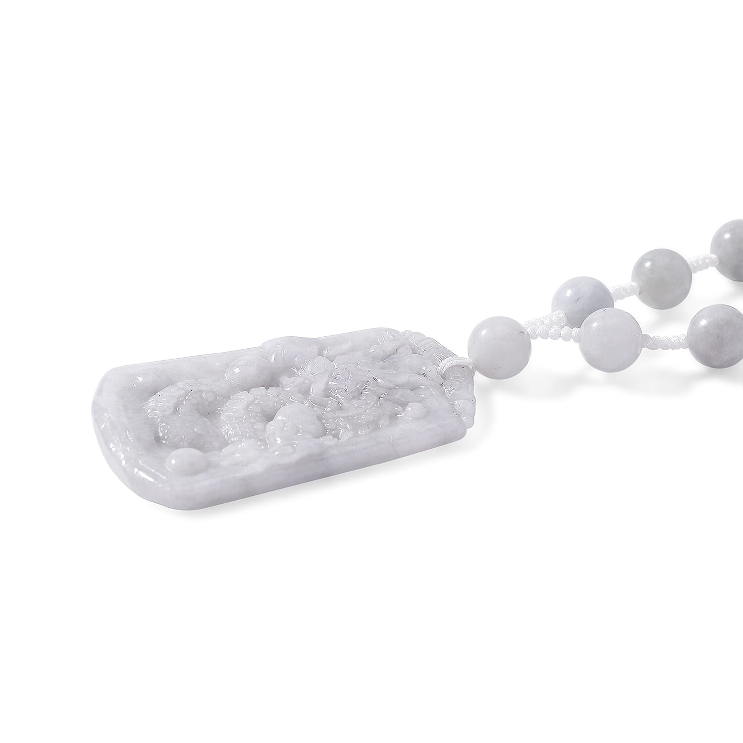 Natural Jade 290.00 ctw Carved Dragon and Knotted Double Sided Necklace in Rhodium Over Sterling Silver 20 Inches