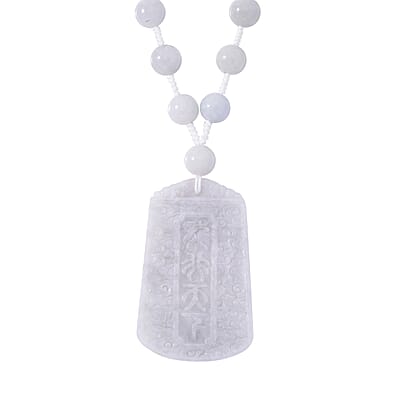 Natural Jade 290.00 ctw Carved Dragon and Knotted Double Sided Necklace in Rhodium Over Sterling Silver 20 Inches