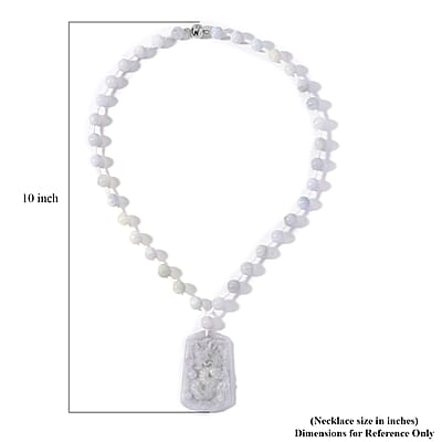 Natural Jade 290.00 ctw Carved Dragon and Knotted Double Sided Necklace in Rhodium Over Sterling Silver 20 Inches