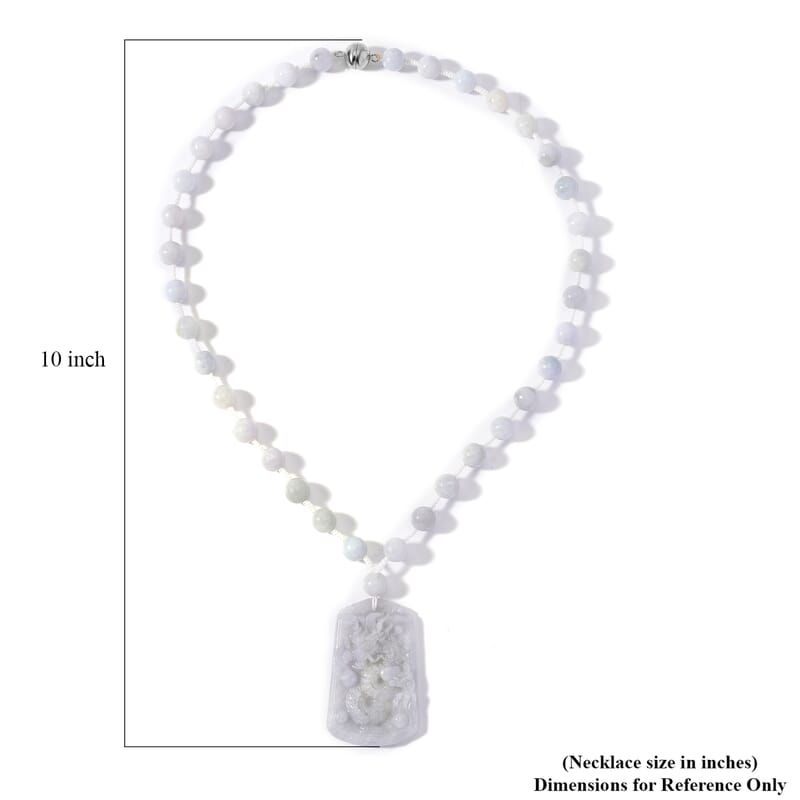 Natural Jade 290.00 ctw Carved Dragon and Knotted Double Sided Necklace in Rhodium Over Sterling Silver 20 Inches