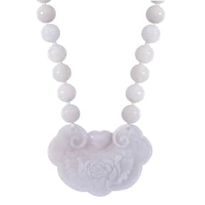 Natural Jade 335.00 ctw Ruyi Ping An Carved and Beaded Double Sided Necklace in Rhodium Over Sterling Silver 20 Inches