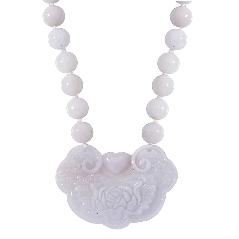 Natural Jade 335.00 ctw Ruyi Ping An Carved and Beaded Necklace in Rhodium Over Sterling Silver 20 Inches